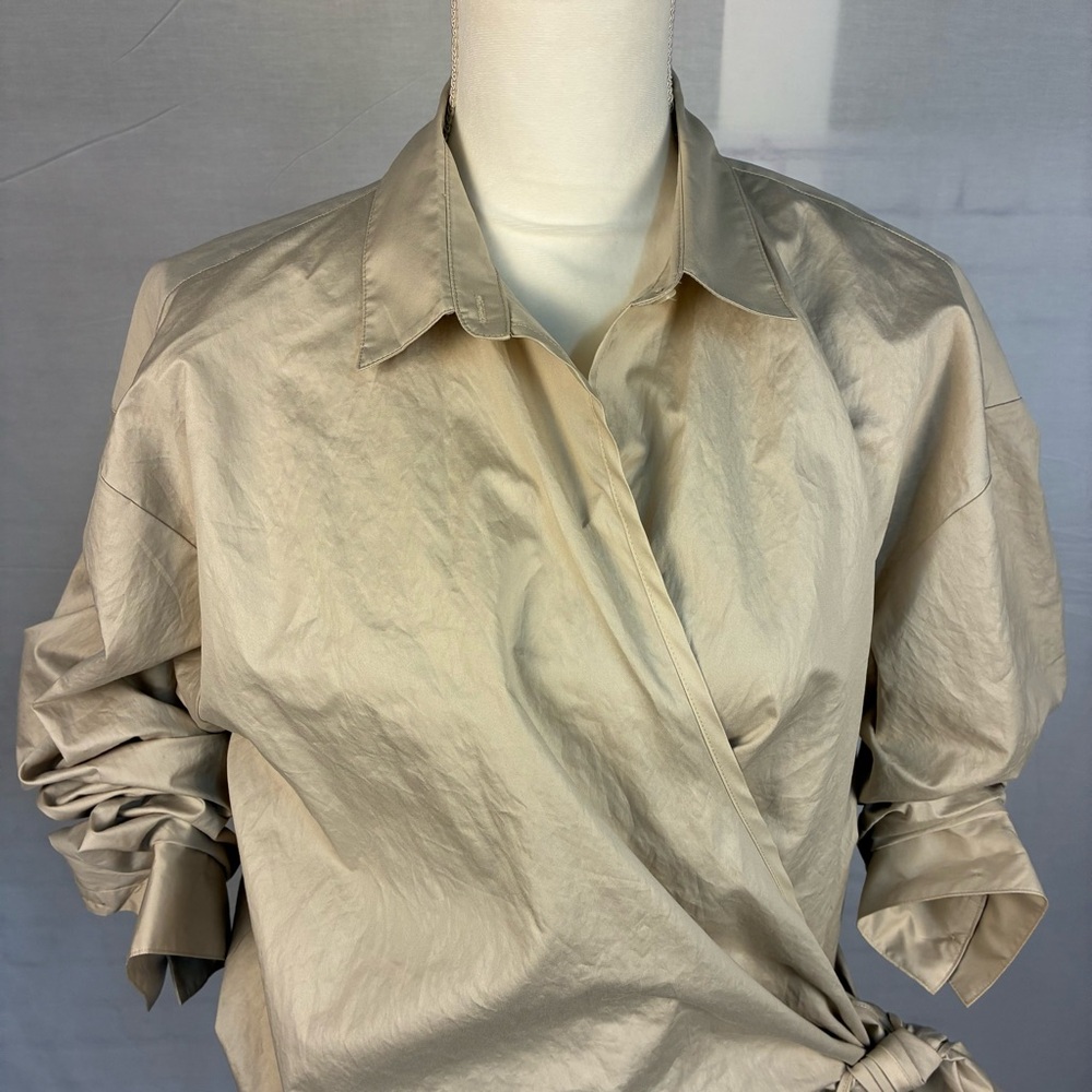 NWT Zara Ruched Sleeve Poplin Wrap Blouse Light Tan L - Picture 3 of 10